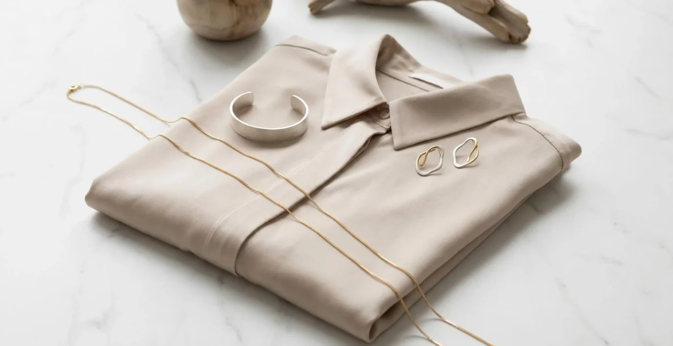Composition minimaliste sur marbre blanc : chemise beige avec sautoir doré, manchette argentée et boucles d