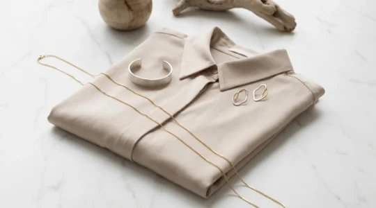 Composition minimaliste sur marbre blanc : chemise beige avec sautoir doré, manchette argentée et boucles d