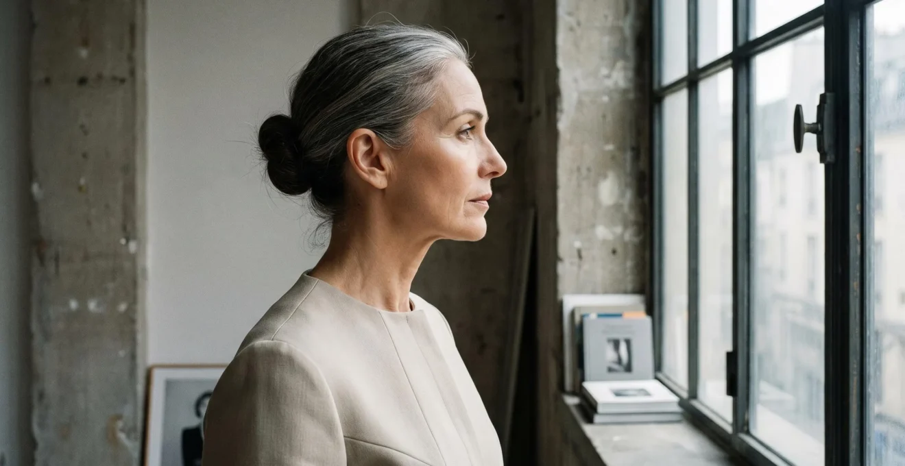 Femme de profil portant un pull gris clair et un long sautoir doré qui descend verticalement, illustrant l