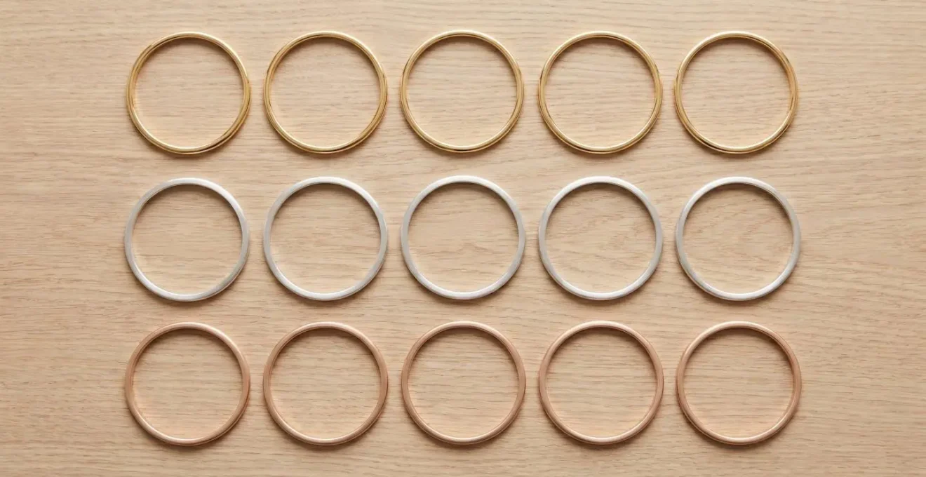 Vue du dessus de trois rangées alignées de bracelets joncs en or jaune, argent et or rose sur bois clair, illustrant le layering métallique